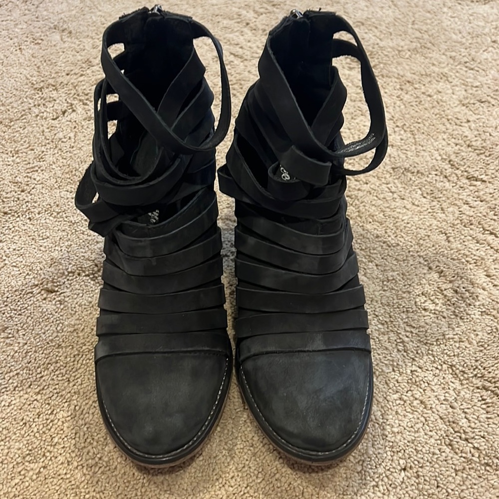 Free People- navy suede strappy bootie.